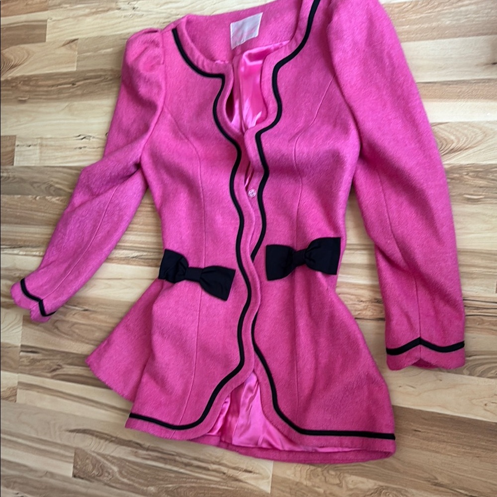 Pink Peplum Coat with Black Trim and Bows